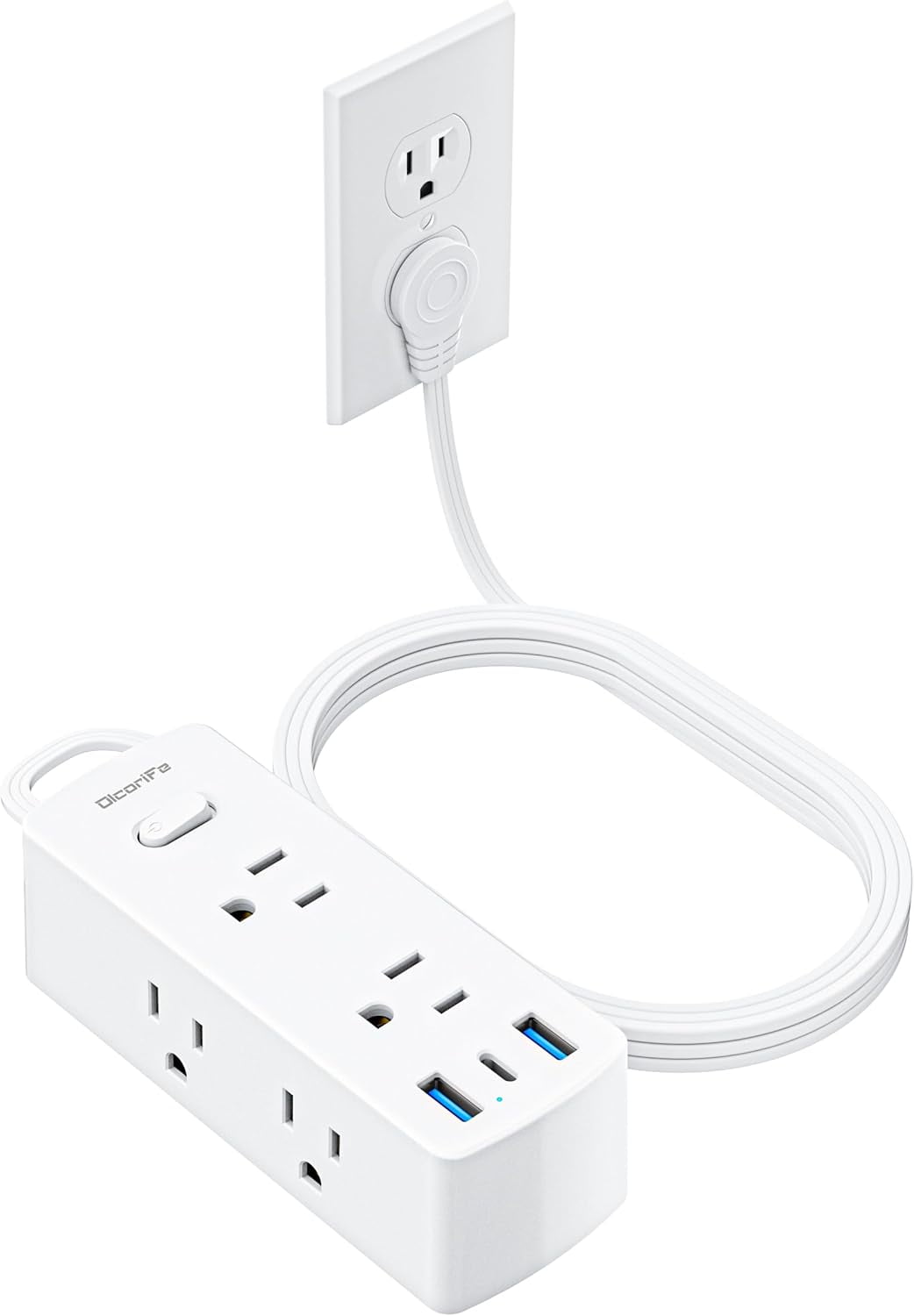 Power Strip Sur Protector, Ultra Thin Flat Plug Extension Cord 5ft, 6 Outlets 3 USB Ports(1 USB C), 3 Sided Outlet Extender for Home Office Travel Dorm Room Essentials, White