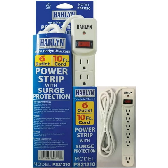 Power Strip Surge Protector 10 ft cord (6 Outlets) 15A - 125V - 1875W - 600 Joules - Mountable by Harlyn