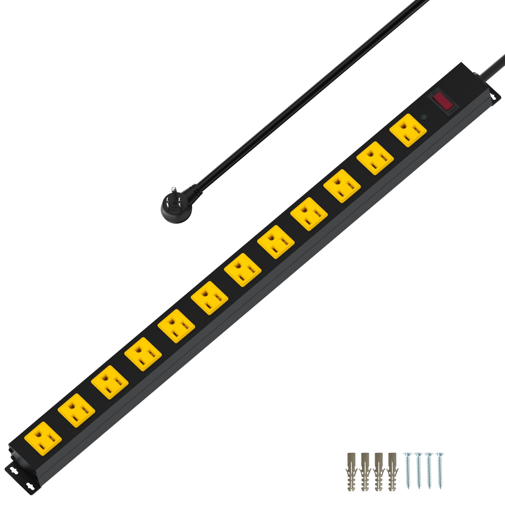 Power Strip Surge Protector 12 Outlet, Heavy Duty Metal Power Bar with 3FT Extension Cord, 2100J Overload Protection Switch, Wide Spaced Outlets for Workbench, Shop, Garage, Industrial Use