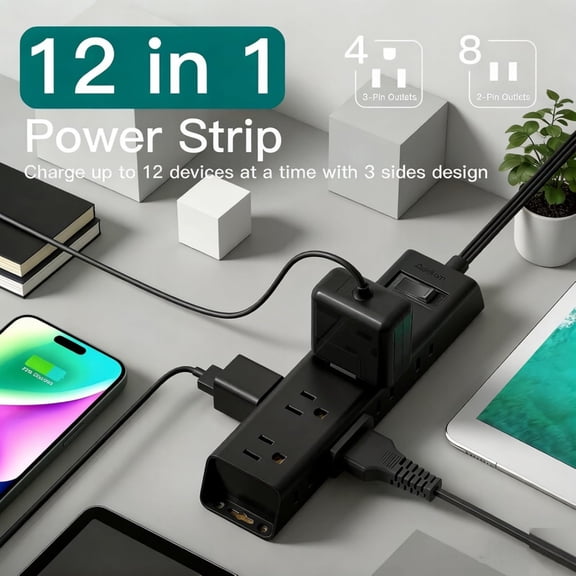 Power Strip Surge Protector with 12 Outlets, Flat Plug Extension Cord 10FT, Ultra Thin Wall Plug, 3-Side Wide Spaced Outlet Extender, Wall Mount Desk Charging Station for Home Office Garage