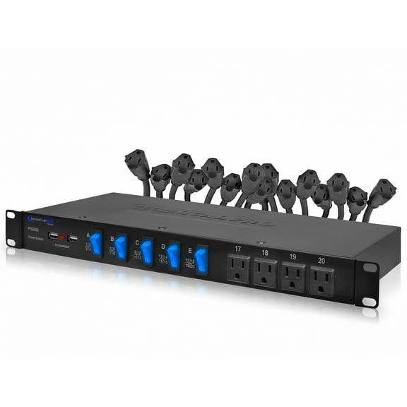 Power Strip Surge Protector, 19-Inch Rack Mount, 20 Outlets 16 Rear 120V 3-Prong Sockets, 4 Front AC Outlets, 3 USB Ports, 5V Charging, Ideal for Home, Office & Server Rack by Technical Pro