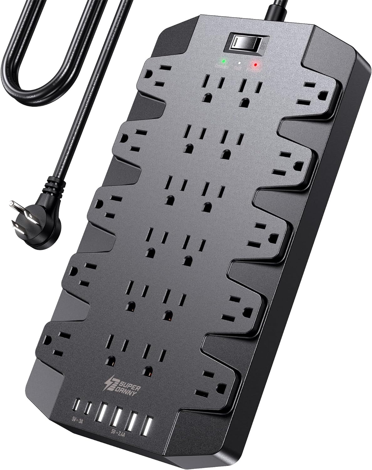 Power Strip, Surge Protector with 22 AC Outlets, 2 USB-C and 4 USB Ports, 1875W/15A, 2100J, 6.5Ft Extension Cord Surge Protector Power Strip with Wall Mount Holes for Home, Office, Dorm