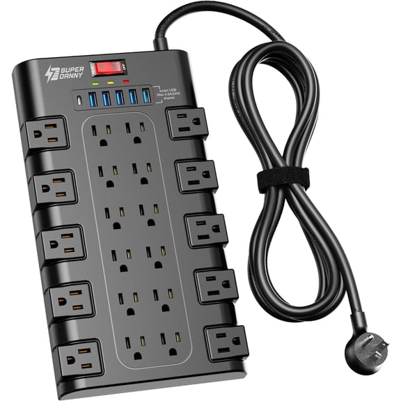Power Strip, Surge Protector with 22 AC Outlets and 6 USB Charging Ports, 1875W/15A, 2100 Joules, 6.5Ft Flat Plug Heavy Duty Extension Cord for Home, Office, Dorm, Gaming Room, Black