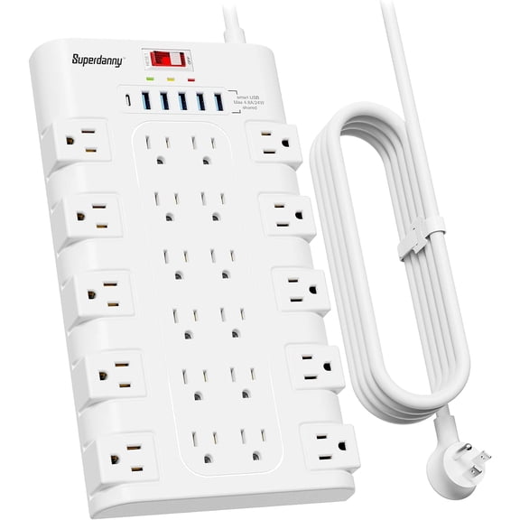 Power Strip Sur Protector with 22 AC Outlets and 6 USB Charging Ports, 6.5Ft Mountable Flat Plug Extension Cord (1875W/15A) for Home, Office, Dorm, Gaming Room, 2100 Joules, White