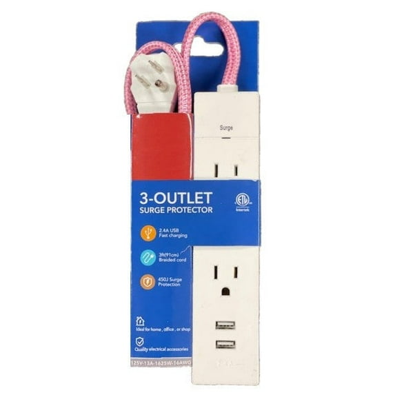 Power Strip & Surge Protector 3 Outlet Power Tap, 2 USB ETL Listed
