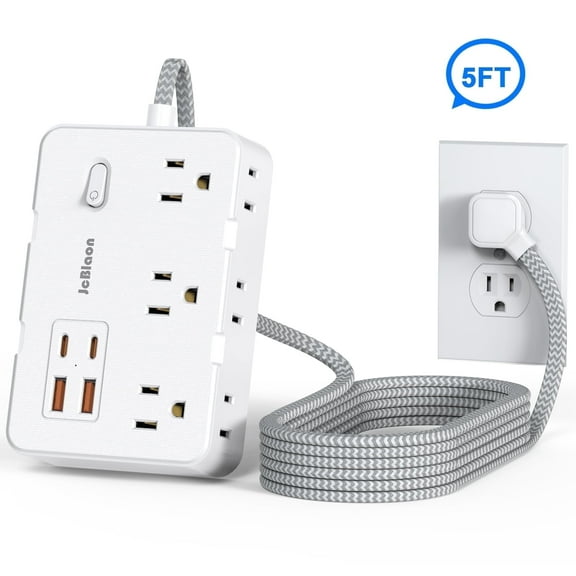 Power Strip Surge Protector with 4 USB (2 USB C) Ports 5 FT Braided Long Extension cord 1250W(125V/10A) 6 outlet extender power cord for indoor Travel Home Office College Dorm Room