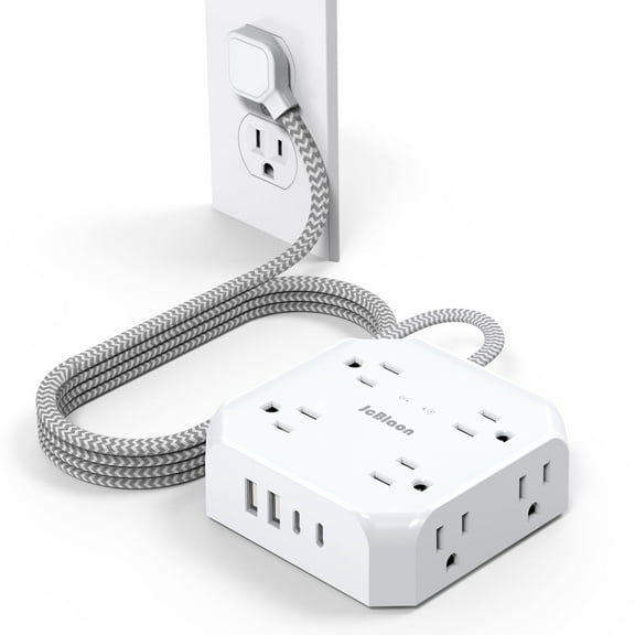 Power Strip Surge Protector 5 ft Braided Extension Cord with 8 Outlets Sockets 4 USB Ports Indoor or Outdoor, White