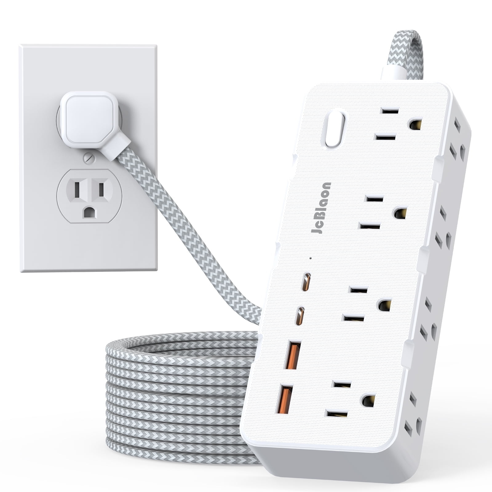 Power Strip Surge Protector, 5FT Braided Extension Cord with Multiple Outlets-8 AC Outlets 4 USB Ports (2 USB C), Flag Plug Charging Station, 1050 Joule Surge Protection for Home Office, White