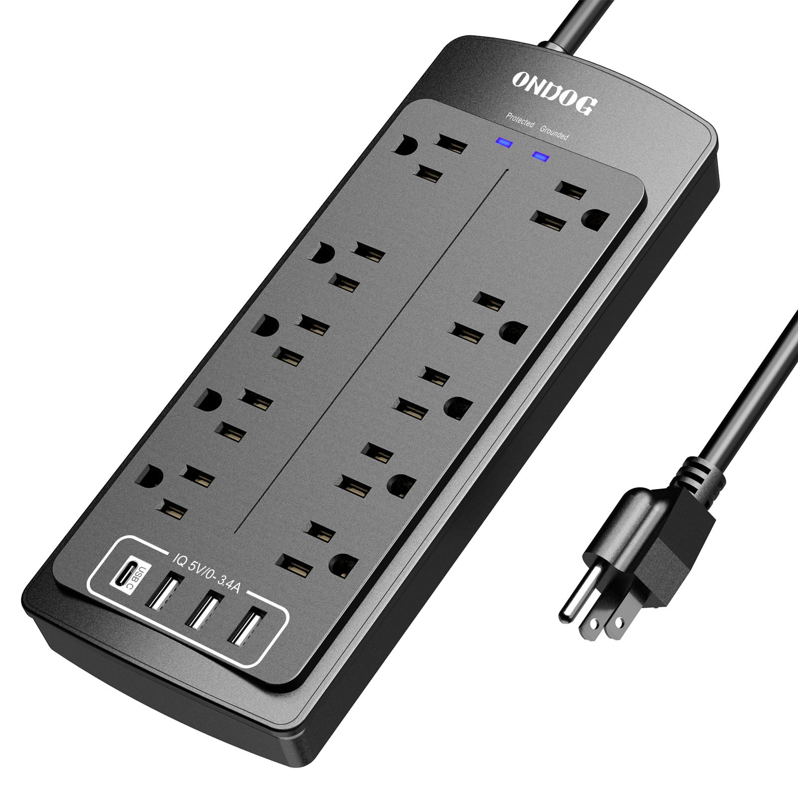Black Heavy Duty 10-Outlet Power Strip with 6 Ft Cord and USB Ports