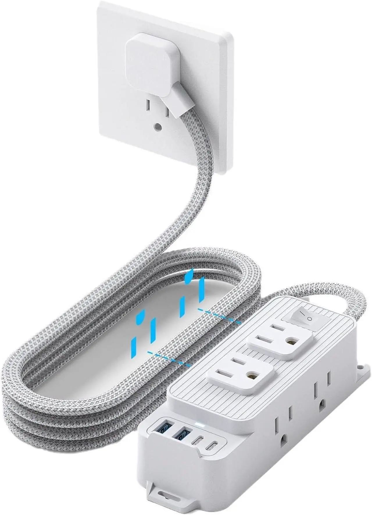Power Strip Surge Protector - 6 Outlets and 4 USB (2 USB C), 5Ft Braided Cord with Ultra Thin Flat Plug, Wall Mount, 3-Side Outlet Extender, Compact for Travel, Cruise Ship, Dorm Room