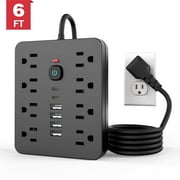 Power Strip, Surge Protector with 8 AC Outlets 6 USB Ports (2 USB C), 6 Ft Extension Cord, 1250W/10A, Wall Mount, Overload Protection Desk USB Charging Station for Home, Office（Black）
