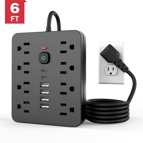 Power Strip, Surge Protector with 8 AC Outlets 6 USB Ports (2 USB C), 6 Ft Extension Cord, 1250W/10A, Wall Mount, Overload Protection Desk USB Charging Station for Home, Office(Black)