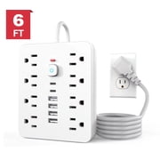 Power Strip, Surge Protector with 8 AC Outlets 6 USB Ports 2 USB C, 6 Ft Extension Cord, 1250W/10A, Wall Mount, Overload Protection Desk USB Charging Station for Home, Office White