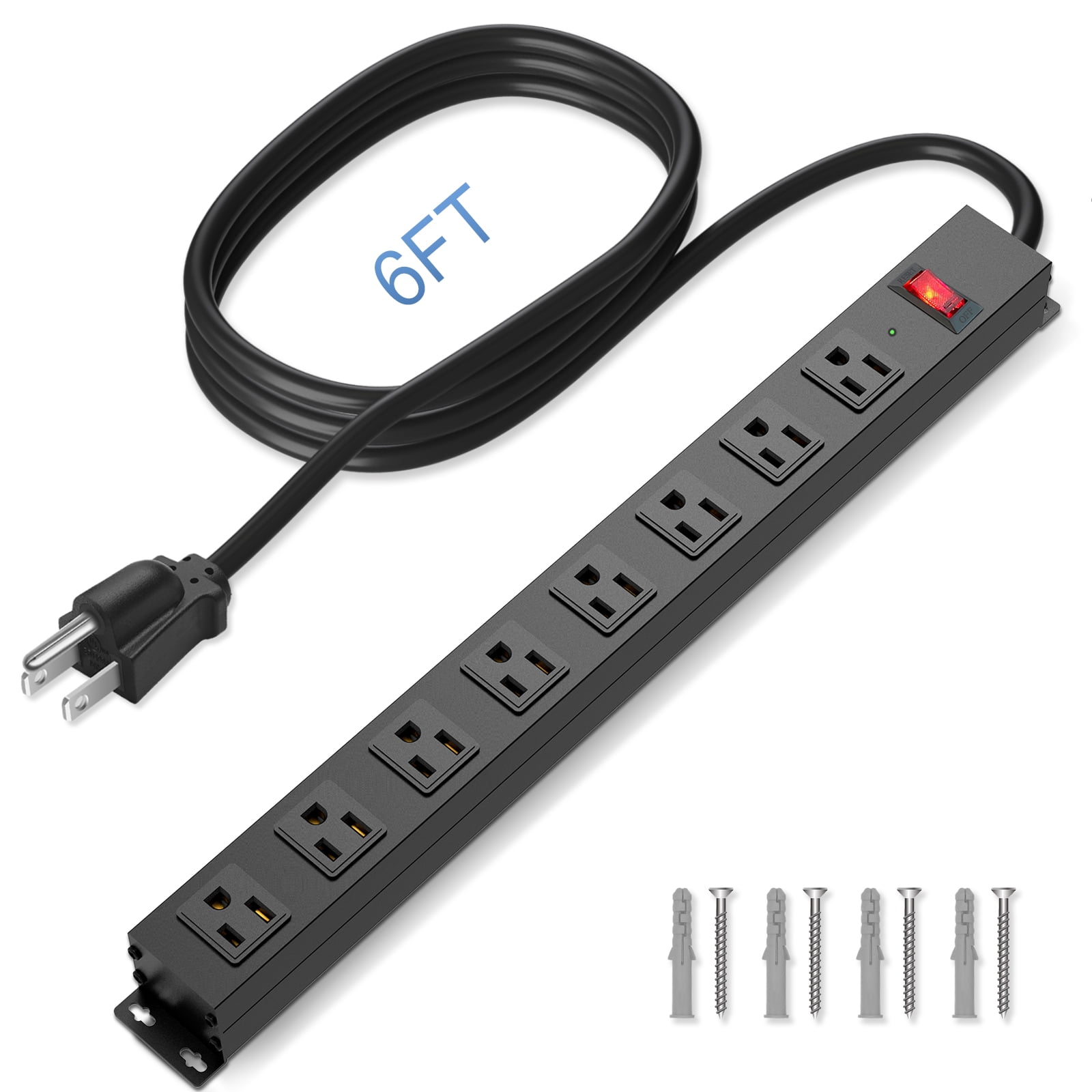 Power Strip Surge Protector 8 Outlet, Heavy Duty Metal 6FT Extension Cord with Switch, Wall Mount with Screws, 2100J 15A 125V 1875W, 14AWG, SGS Listed, Black for Home Office Garage School Shop