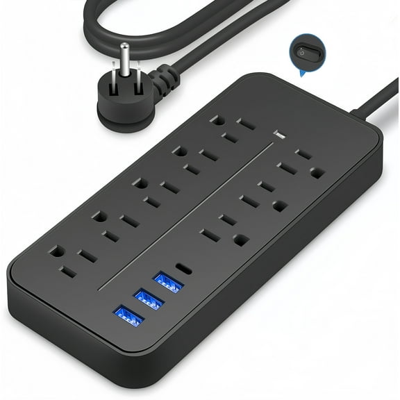 Power Strip Surge Protector, 8 Outlets & 3 USB Ports & 1 USB-C Port, 1700 Joules, 4 Feet Power Cord Angled Flat Plug, Spaced Outlets & ETL Listed Power Outlet for Home Office, Black