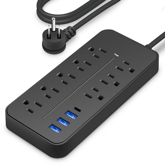Power Strip Surge Protector,8 Outlets & 3 USB Ports & 1 USB-C Port, 1700 Joules, Angled Flat Plug, Spaced Outlets & Power Outlet for Home Office - Black