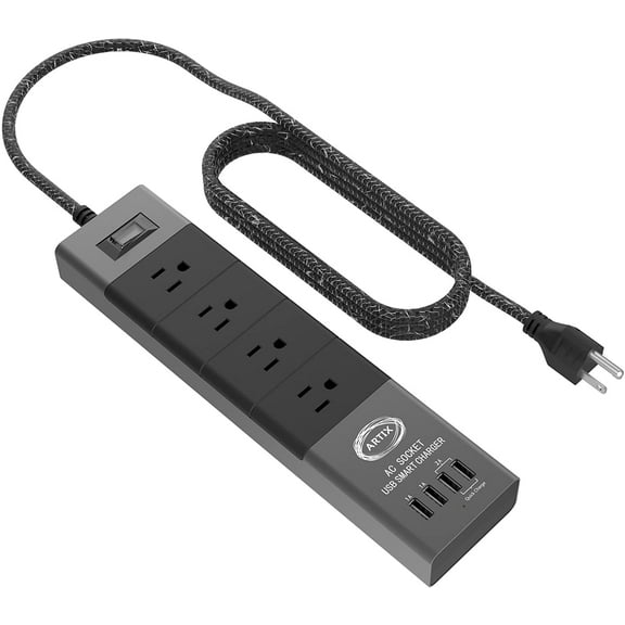 Power Strip Surge Protector by Artix NRGPower C500, Aluminum with Scratch-proof Rubber Protective Outlets, 4 Outlets and 4 USB Ports, iSmart Technology Charging Station (Black & Gray)