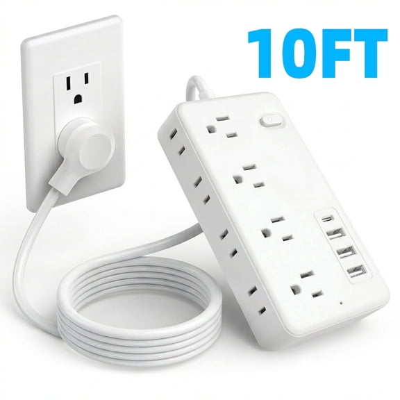 Lefree Surge Protector Power Strip, 12 Outlets, USB Ports, Flat Plug, 5 ...
