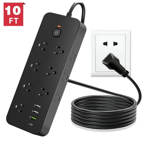 Power Strip Surge Protector, Meromore Flat Plug Extension Cord 10FT with 13 Outlets 4 USB Charger, 1875J Protection Multiple Outlets Charging Station for Home, Office, College Dorm Room