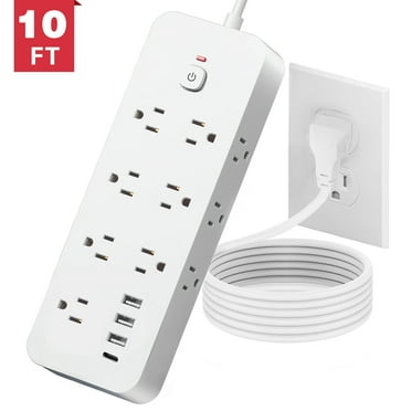 Power Strip Surge Protector, Meromore Flat Plug Extension Cord 10FT with 13 Outlets 4 USB Charger, 1875J Protection Multiple Outlets Charging Station for Home, Office, College Dorm Room White