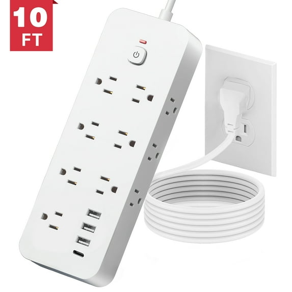Power Strip Surge Protector, Meromore Flat Plug Extension Cord 10FT with 13 Outlets 4 USB Charger, 1875J Protection Multiple Outlets Charging Station for Home, Office, College Dorm Room White