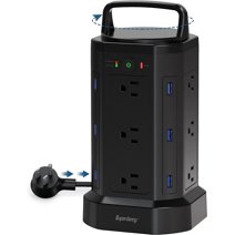 Power Strip Surge Protector Tower 12 AC Outlets 6 USB Charging Station 6.5ft Extension Cord Black
