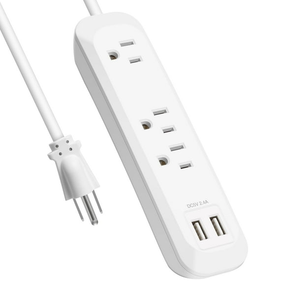 Power Strip Surge Protector with USB Ports, White Extension Cord 6 Feet 3 Prong, 3 outlets, 2 USB Ports, 1250W/10A, Wall Mountable, Plug Strip Surge Protector 300J for Home Office, SGS Approved