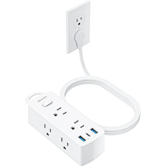Power Strip Sur Protector, Ultra Thin Flat Plug Extension Cord 5ft, 6 Outlets 3 USB Ports(1 C), Sided Outlet Extender for Home Office Travel Dorm Room Essentials, White