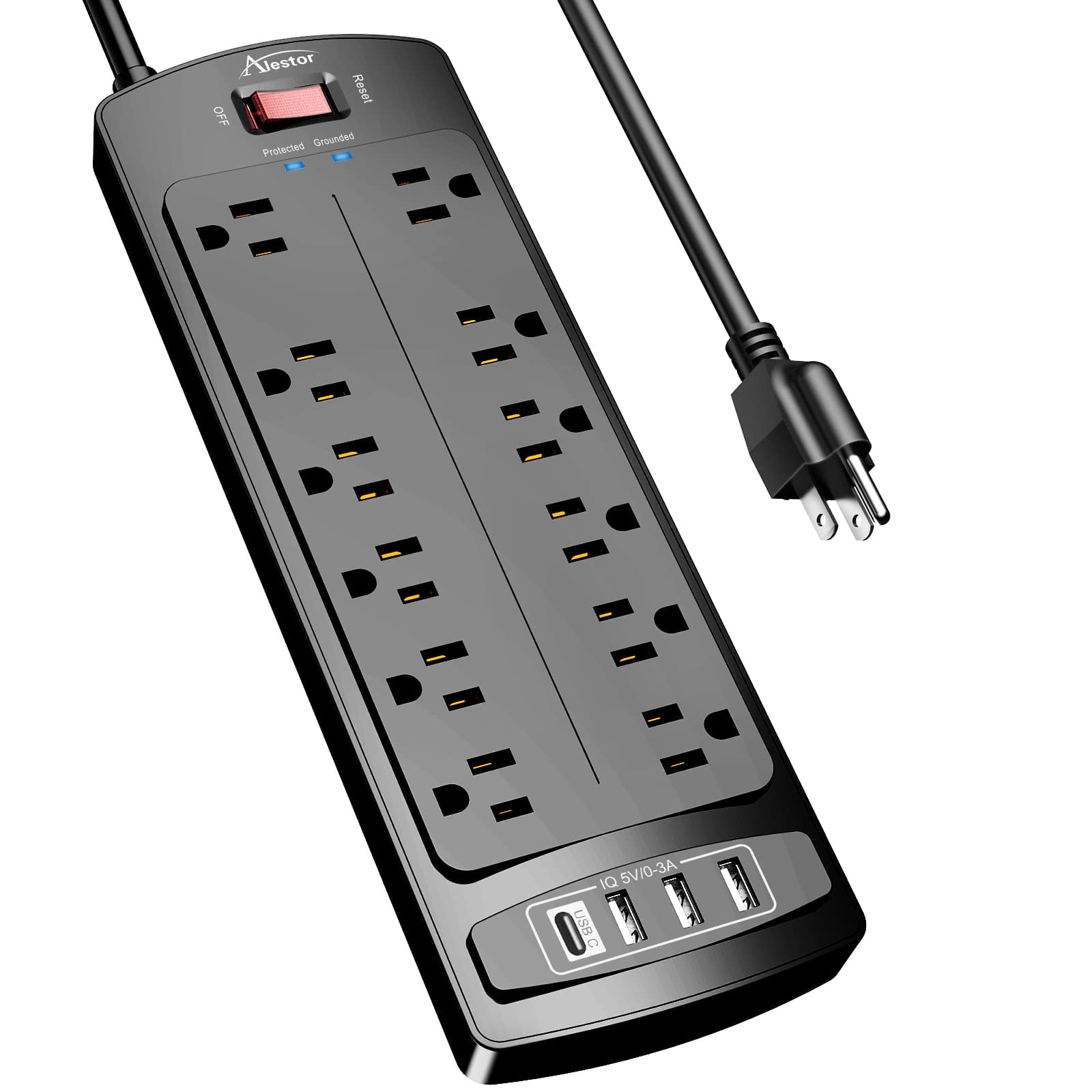 Power Strip  Surge Protector With 12 Outlets And 4 Usb Ports 6 Feet Extension Cord (1875w/15a) 2700 Joules Etl Listed Black