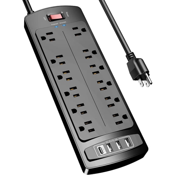 Power Strip,  Surge Protector with 12 Outlets and 4  Ports, 6  Extension Cord (1875W/15A), 2700 Joules, ETL Listed, Black