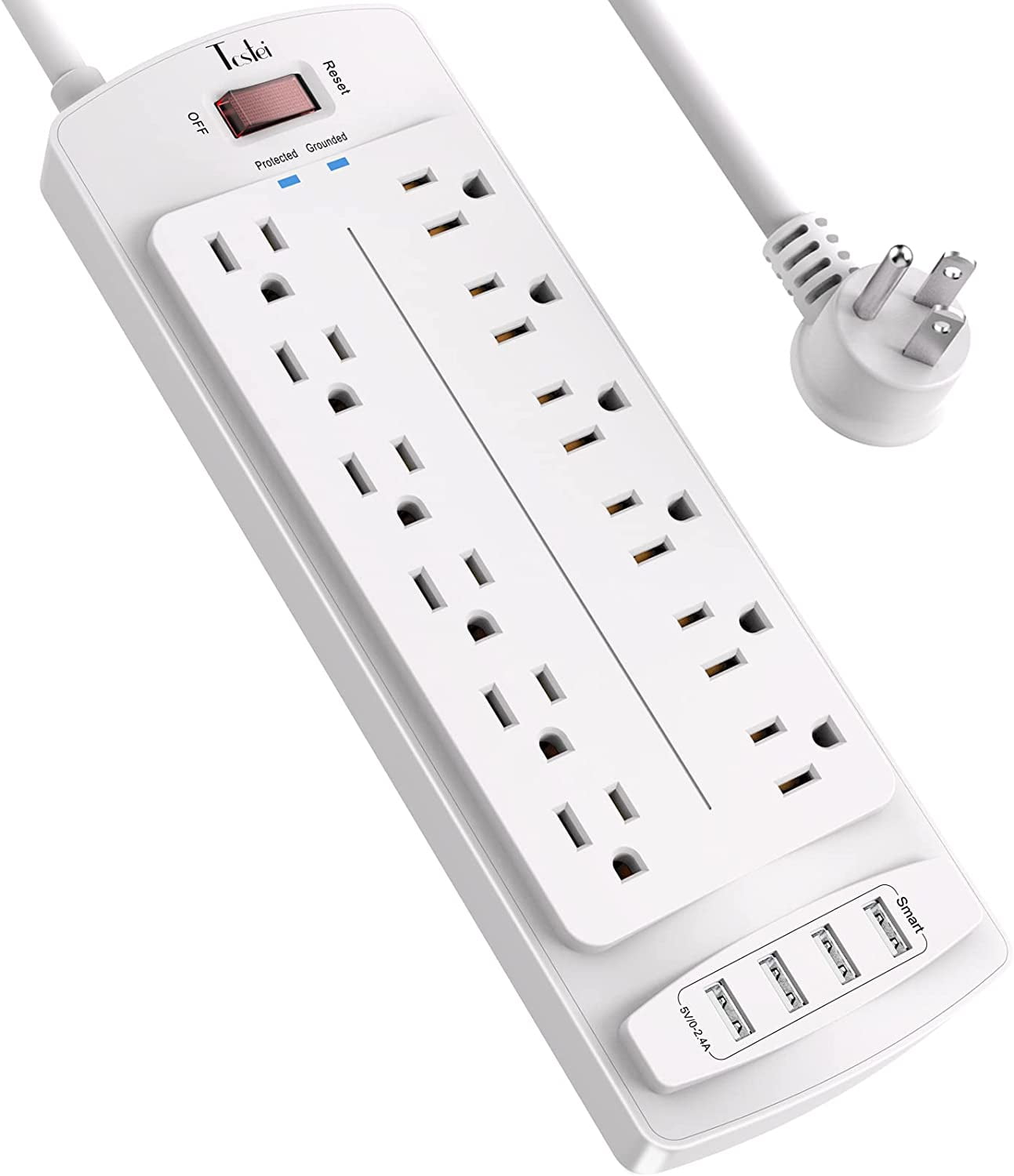 White Surge Protector Power Strip with 12 Outlets and 4 USB Ports
