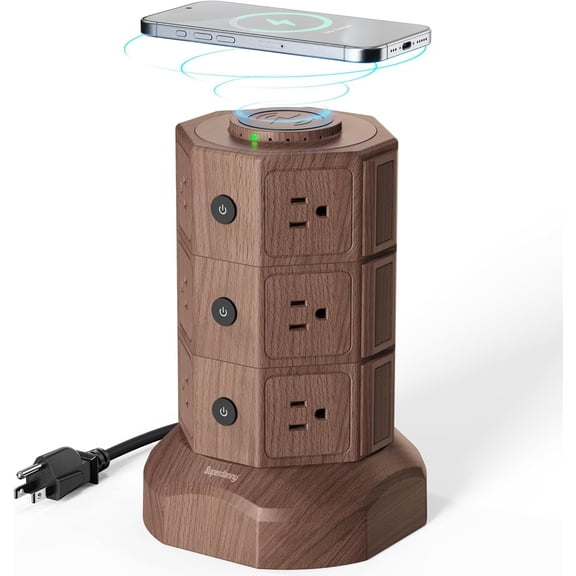 Power Strip Tower with 15W Wireless Charger, 1050J Surge Protector Tower 13A Charging Station with 12 AC Outlets & 6 USB Ports (2 USB C), 6.5ft Extension Cord for Home Office, Wood Grain
