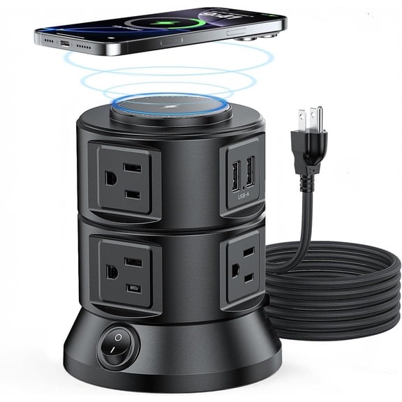 Power Strip Tower 1875W 15A with 15W Magnetic Wireless Charger, Dual-Layer Rotatable Design, 540 Joules Surge Protector Tower with 6 AC Outlets and 4 USB Ports(2USBA+2USBC), 5FT