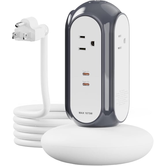 Power Strip Tower with 2 USB-C Ports (30W Fast Charing), 1420J Surge Protector, 4 AC Outlets, 6.6FT Extension Cord with Overload Protection, 1875W/15A Charging Station for Home Office Desk