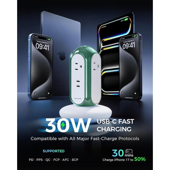 Power Strip Tower with 2 USB-C Ports (30W Fast Charing), 1420J Surge Protector, 4 AC Outlets, 6.6FT Extension Cord with Overload Protection, 1875W/15A Charging Station for Home Office Desk