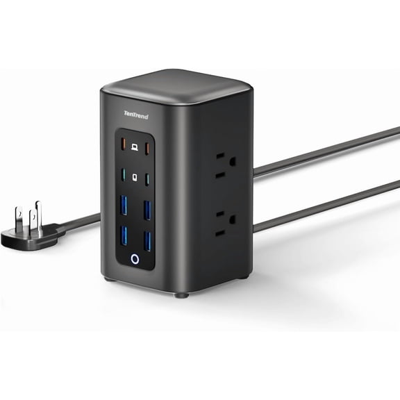 Power Strip Tower, 230W Charging Station with Multiple Devices | 6 AC Outlets & 8 USB Ports(4 USB-C), Flat Plug, Black, 5 FT Extension Cord for Home Office, Dorm Essentials