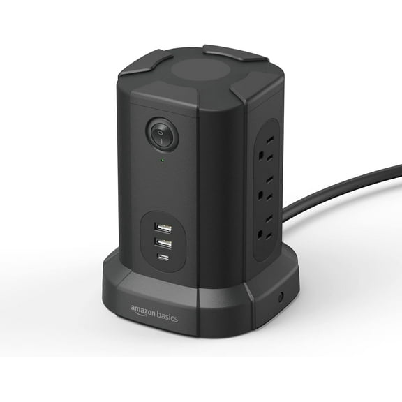 Power Strip Tower Charging Station, Surge Protector 1080J, 9 Outlet with Integrated USB Charging Ports (2 USB-A and 1 USB-C), Space Saving, 15A, 6ft Cord, Black