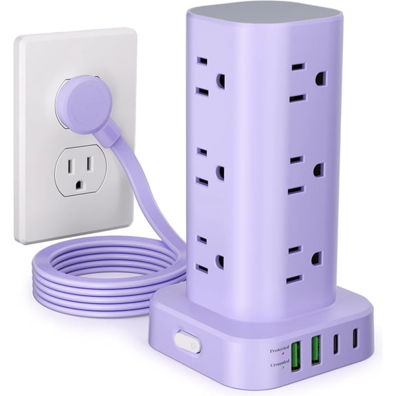 Power Strip Tower with Multiple Outlets, Flat Plug Sur Protector Tower Extension Cord with 12 AC Outlets 4 USB Ports (2 USB C), 6FT Cord Power Tower Sur Protector for Home Office Dorm Room, Purple