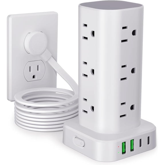 Power Strip Tower with Multiple Outlets,Flat Plug Surge Protector Tower Extension Cord with 12 AC Outlets 4 USB Ports (2 USB C), 10FT Cord Power Tower Surge Protector for Home Office Dorm Room, White