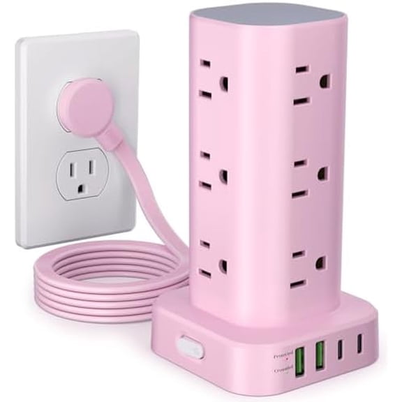 Power Strip Tower with Multiple Outlets, Flat Plug Surge Protector Tower Extension Cord with 12 AC Outlets 4 USB Ports (2 USB C), 6FT Cord Power Tower Surge Protector for Home Office Dorm Room, Pink