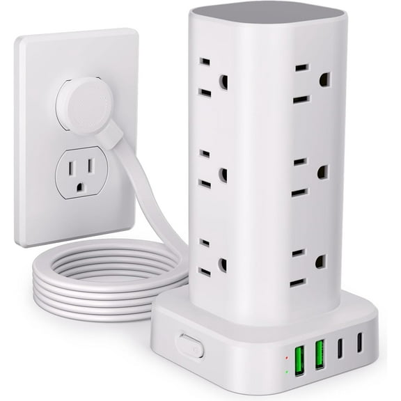 Power Strip Tower with Multiple Outlets, Flat Plug Surge Protector Tower Extension Cord with 12 AC Outlets 4 USB Ports (2 USB C), 6FT Cord Power Tower Surge Protector for Home Office Dorm Room, White