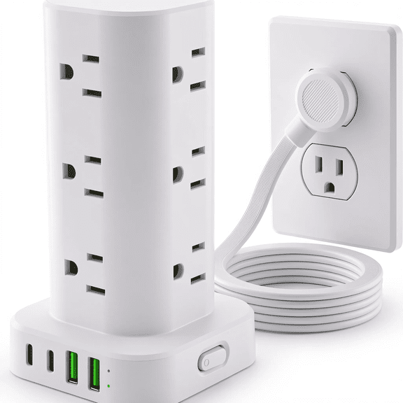Power Strip Tower with Multiple Outlets, Flat Plug Surge Protector Tower Extension Cord with 12 AC Outlets 4 USB Ports (2 USB C), 6FT Cord Power Tower Surge Protector for Home Office Dorm Room, White