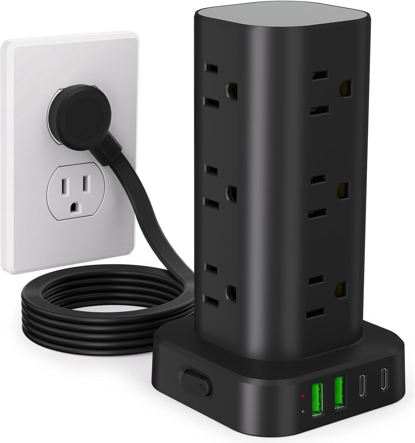 Power Strip Tower with Multiple Outlets, Flat Plug Sur Protector Tower Extension Cord with 12 AC Outlets 4 USB Ports (2 USB C), 6FT Cord Power Tower Sur Protector for Home Office Dorm Room, Black