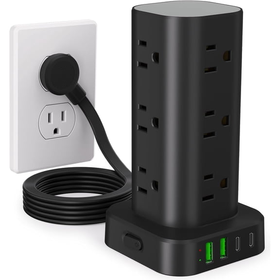 Power Strip Tower with Multiple Outlets, Flat Plug Surge Protector Tower Extension Cord with 12 AC Outlets 4 USB Ports (2 USB C), 6FT Cord Power Tower Surge Protector for Home Office Dorm Room, Black