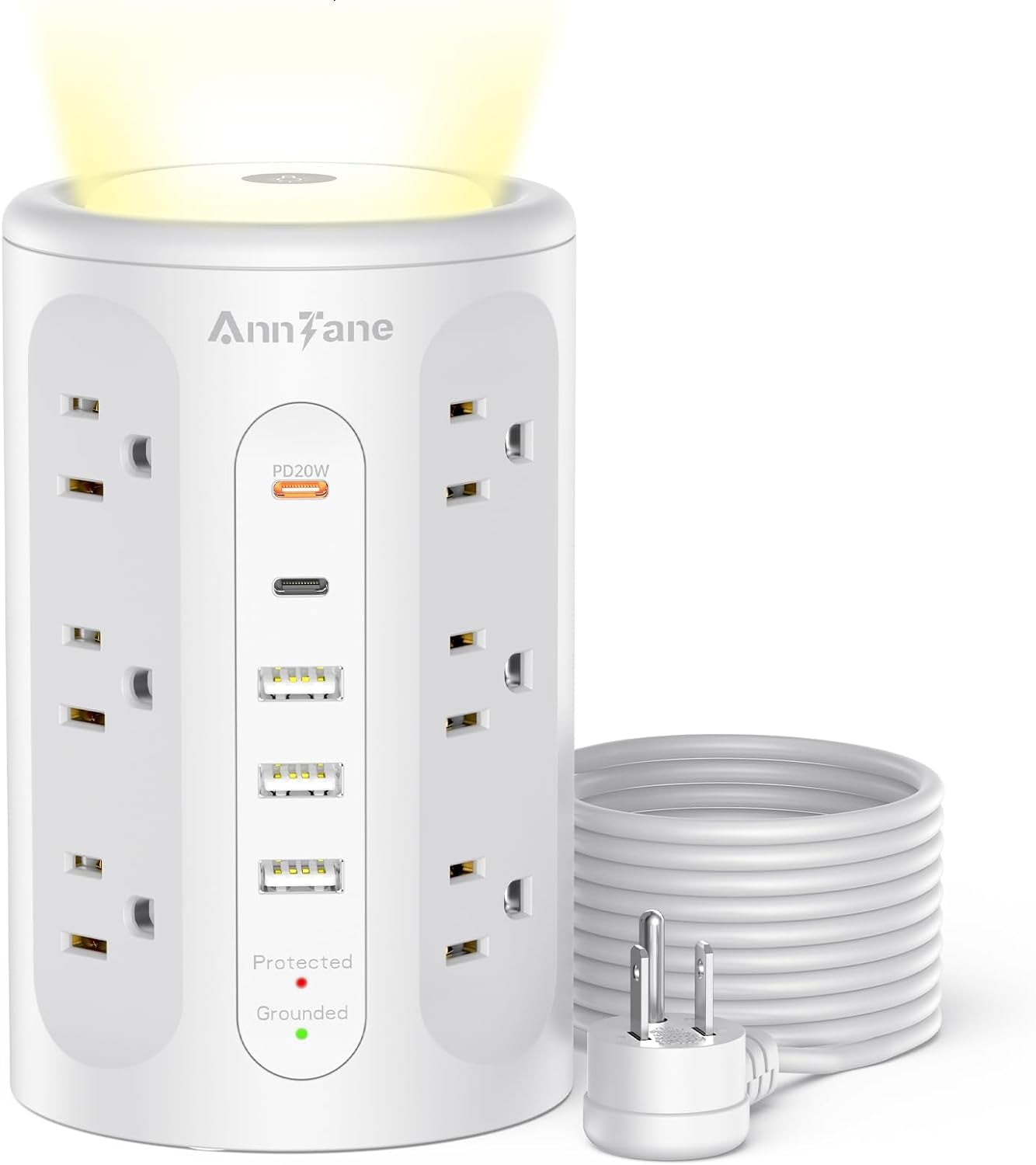 Power Strip Tower with Night Light, PD 20W Surge Protector Power Strip ...