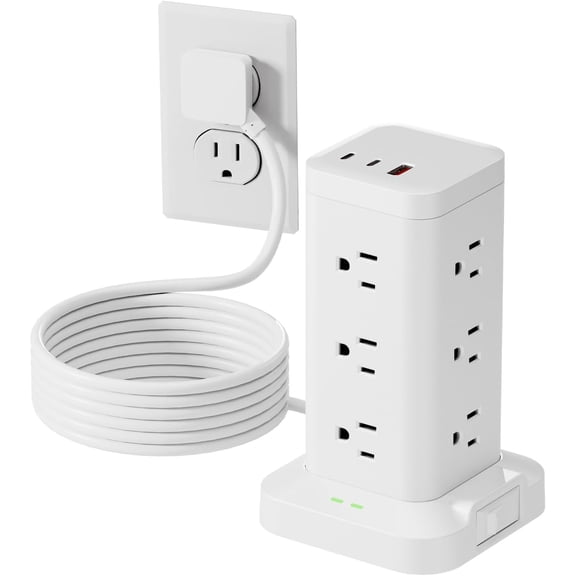 Power Strip Tower with Sur Protector 1800J, Fast Charging Tower PD20W USB-C Ports with 12 AC Outlets, 6ft Extension Cord for Home Office Dorm Room, White