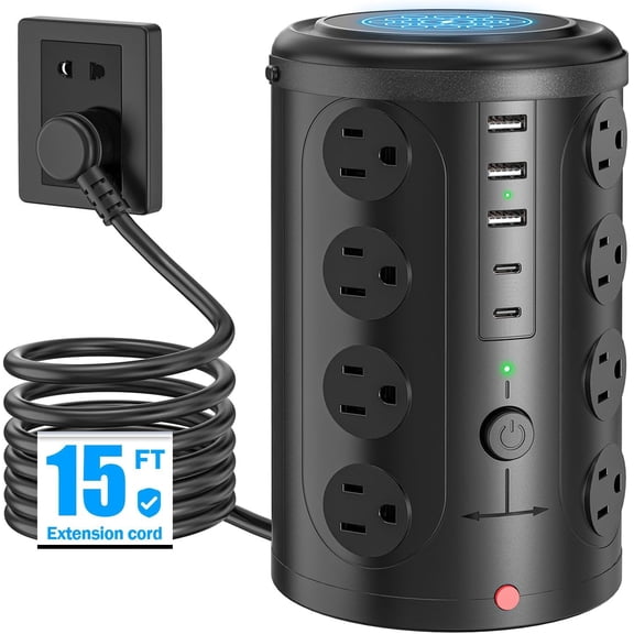 Power Strip Tower SurXIULIN Protector with 16 Outlets and 5 USB Ports (2 USB-C), 15FT Extension Cord with Multiple Outlets,Heavy Duty Charging Station,Home Office Dorm Room Essentials.
