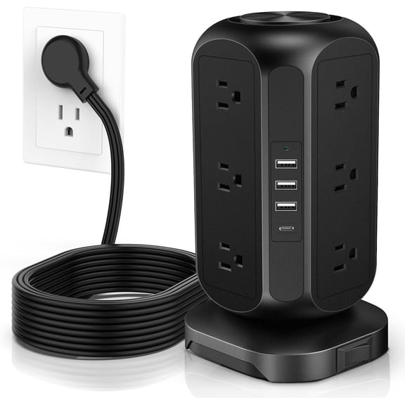 Power Strip Tower Surge Protector 12 AC Outlets with 4 USB(1 USB C) Ports Station with Overload Protection, Widely Spaced Multiple Outlets with 10Ft Extension Cord for ,Dorm & Office