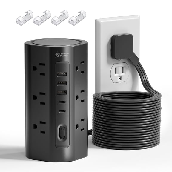 Power Strip Tower Surge Protector with 12 AC Outlets 5 USB Ports (2 USB-C), 1700J, 18Ft Extension Cord Flat Plug, Multiple Outlet Charging Station for Home Office Dorm Room,Black