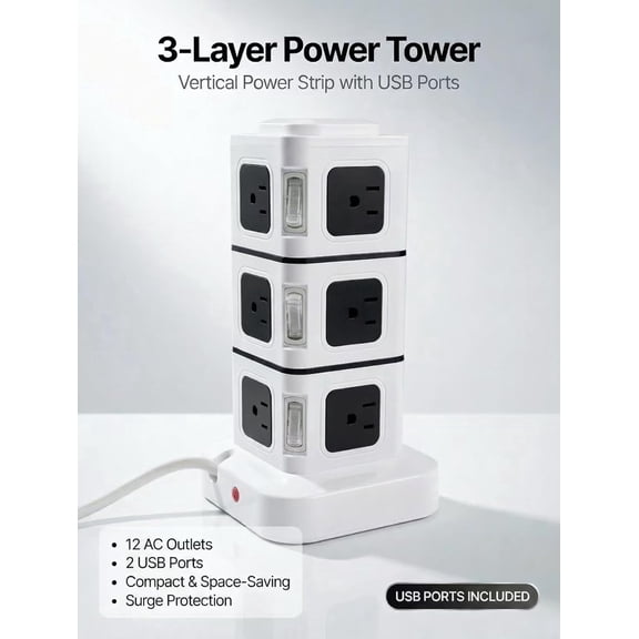 Power Strip Tower Surge Protector, 18-in-1 3-Tier Charging Station with 16 AC Outlets, 2 USB Ports, 9FT Heavy Duty Extension Cord, Independent Switches